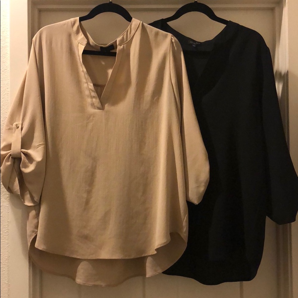 Work blouse, tan, high low top.